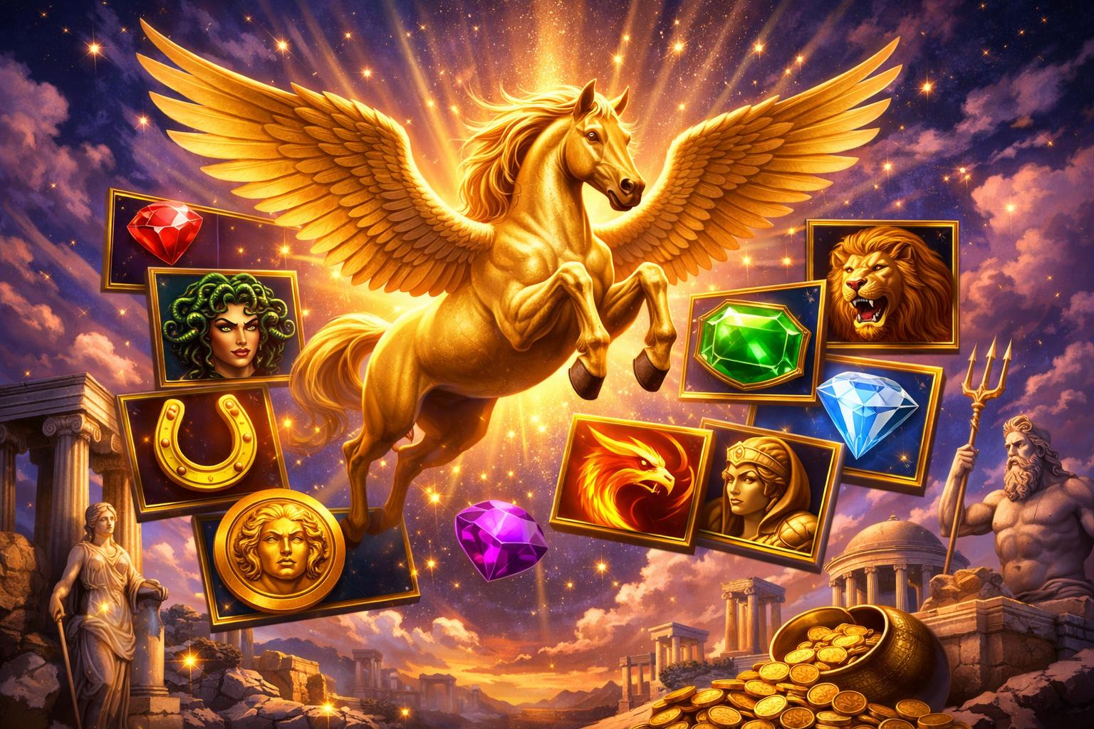 A Golden Winged Horse Flying Above Ancient Greek Ruins With Glowing Slot Reels Showing Mythical Symbols Around It Under A Dramatic Dusk Sky.