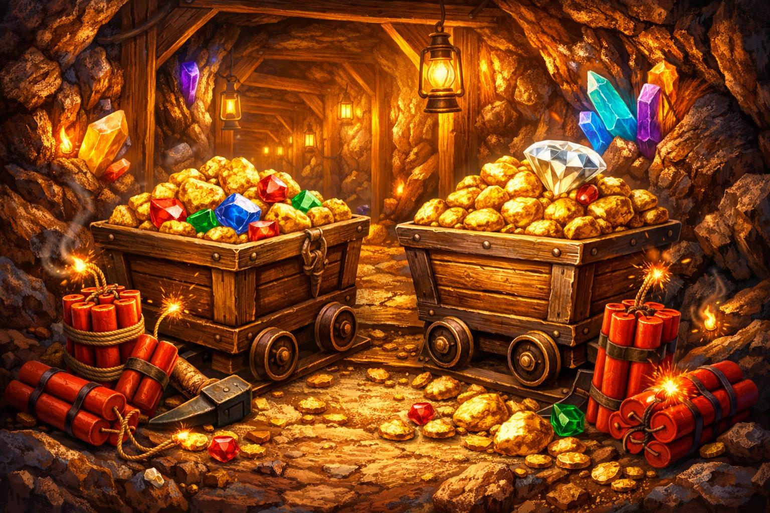 A Mining Scene With Wooden Carts Full Of Gold And Gems, Lit Dynamite Sticks, Glowing Crystals In Rocky Tunnels, And Warm Golden Lighting.