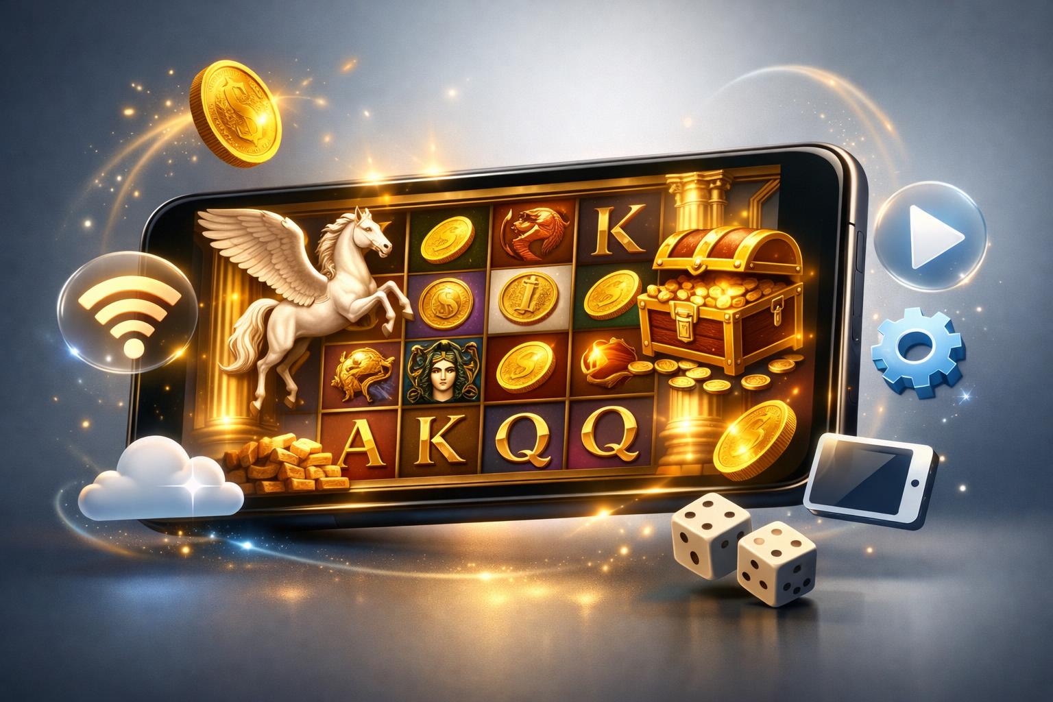 A Mobile Device Displaying A Colorful Slot Game With Mythical Greek Symbols Like Winged Horses And Treasure Chests, Representing Mobile Gaming Compatibility.