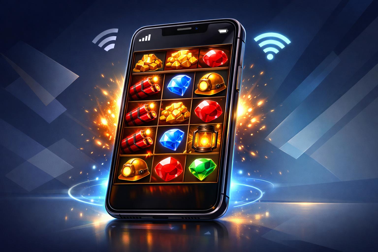 A Smartphone Displaying Colorful Slot Reels With Gold Nuggets And Dynamite Sticks, Surrounded By Icons Representing Mobile Connectivity.