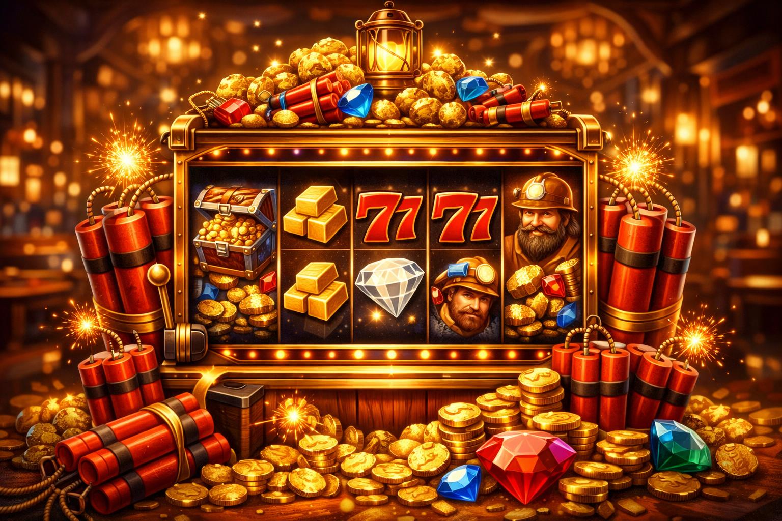 A Colorful Slot Machine Surrounded By Gold Coins, Gems, And Dynamite Sticks In A Lively Casino Setting.