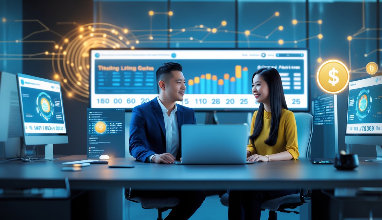 Seorang pria dan wanita Indonesia duduk di meja kantor dengan beberapa layar komputer yang menampilkan grafik dan angka, menggambarkan situs togel online terpercaya dengan tingkat kemenangan tinggi.