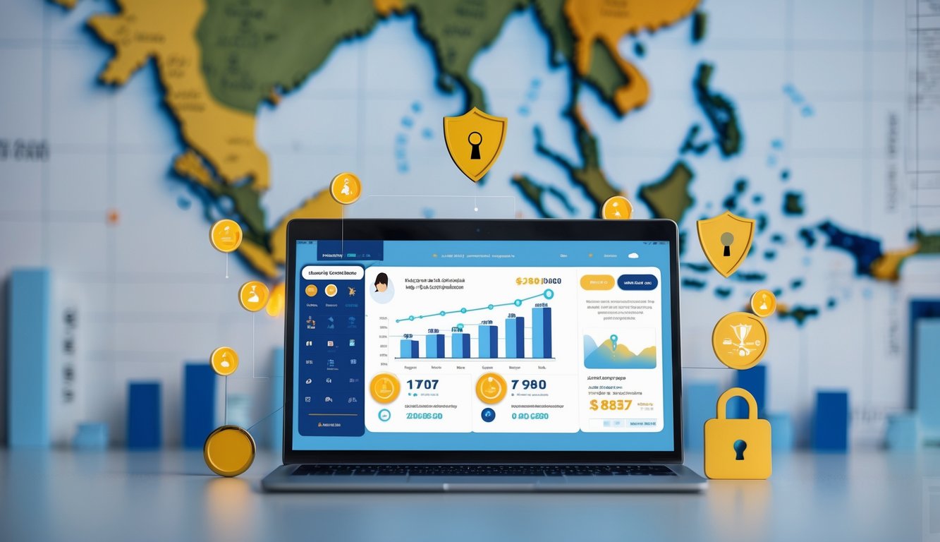 Meja kerja modern dengan laptop yang menampilkan antarmuka lotere digital dan simbol keamanan di sekitarnya.