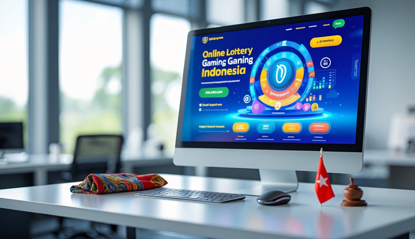 Meja kerja modern dengan komputer yang menampilkan antarmuka situs togel online resmi di Indonesia, dikelilingi elemen budaya Indonesia.