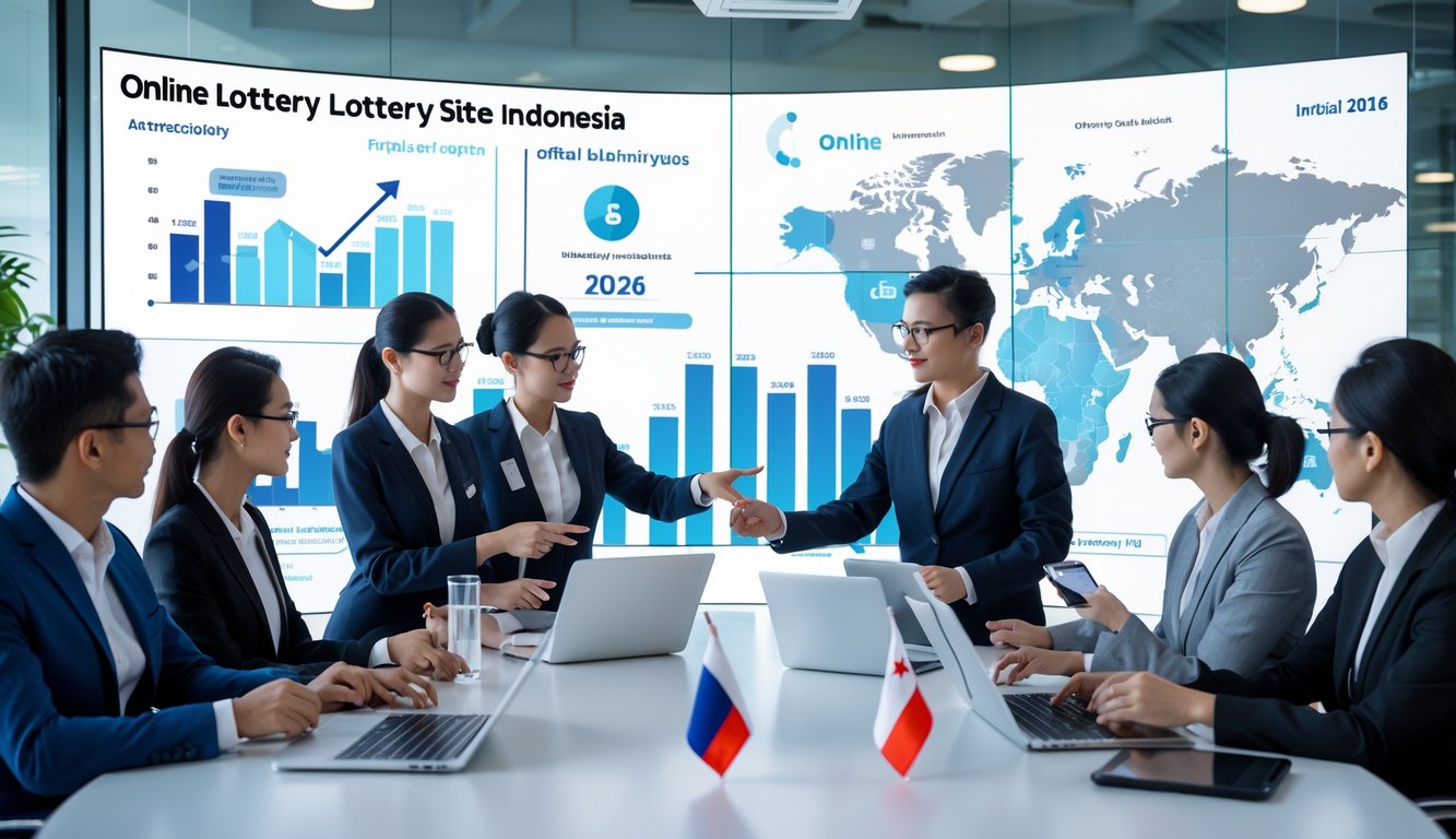 Sekelompok profesional sedang rapat di kantor modern dengan layar digital menampilkan grafik data, menunjukkan diskusi tentang situs togel online resmi dan terpercaya di Indonesia.