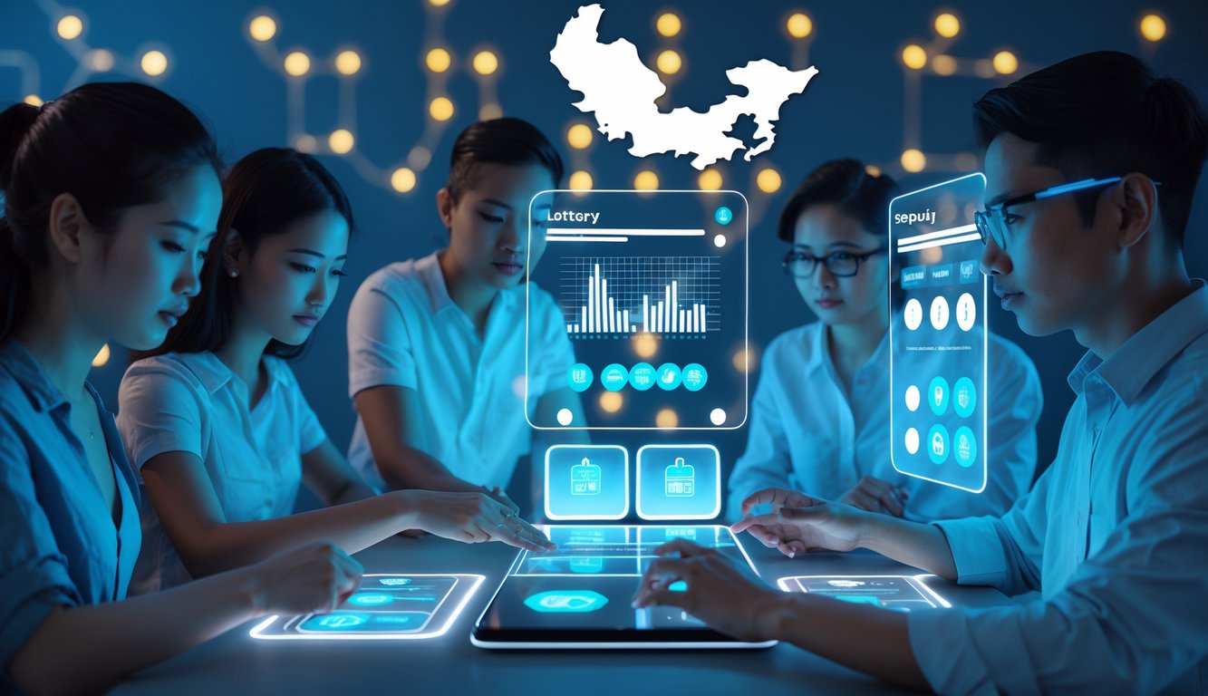 Sekelompok orang muda sedang menggunakan layar sentuh futuristik dengan peta Indonesia di latar belakang, menunjukkan konsep situs togel online yang aman dan terpercaya.
