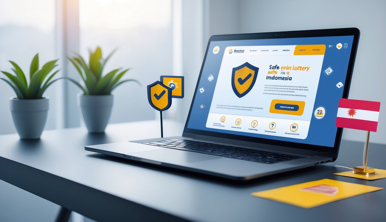 Seorang profesional sedang menggunakan laptop di meja kerja dengan latar belakang bersih dan pencahayaan alami, menampilkan simbol keamanan pada layar.