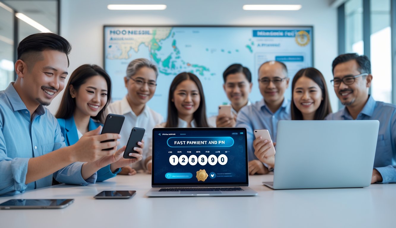 Sekelompok orang menggunakan perangkat digital dalam suasana kantor modern dengan elemen budaya Indonesia, menunjukkan konsep togel online terpercaya dan pembayaran cepat.