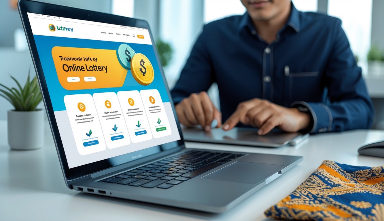 Seorang pria duduk di depan laptop di ruang kerja modern, menampilkan situs togel online yang terpercaya dengan ikon pembayaran cepat, suasana terang dan rapi dengan elemen budaya Indonesia.
