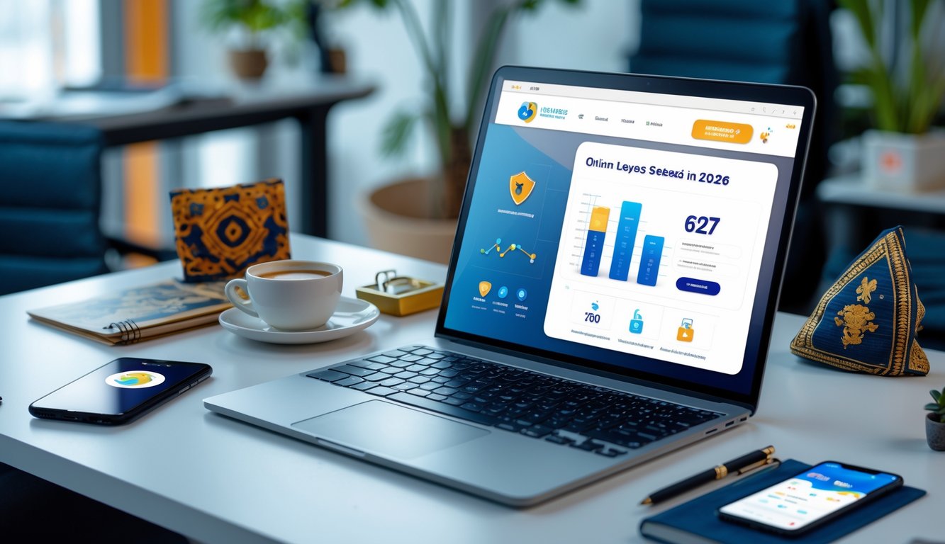 Meja kerja dengan laptop yang menampilkan situs togel online, smartphone dengan aplikasi togel, dan beberapa barang kerja lainnya di latar kantor yang rapi.