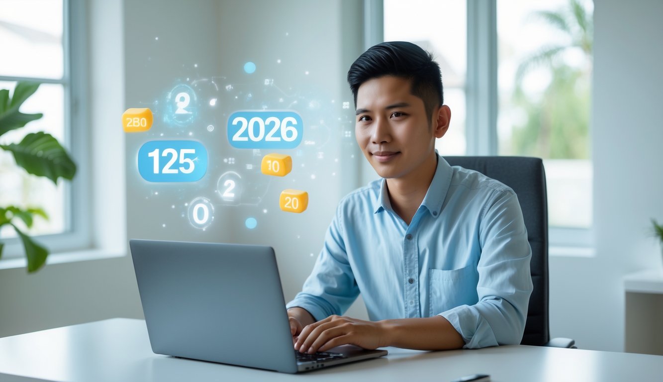 Seorang dewasa muda Indonesia duduk di meja dengan laptop di ruang kerja rumah yang terang dan rapi, tampak fokus dan santai.