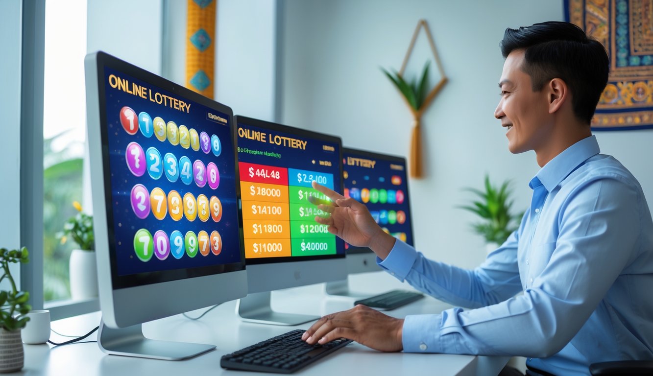 Seorang profesional menggunakan komputer dengan tampilan angka togel dan grafik di layar, di ruang kerja modern dengan elemen budaya Indonesia.