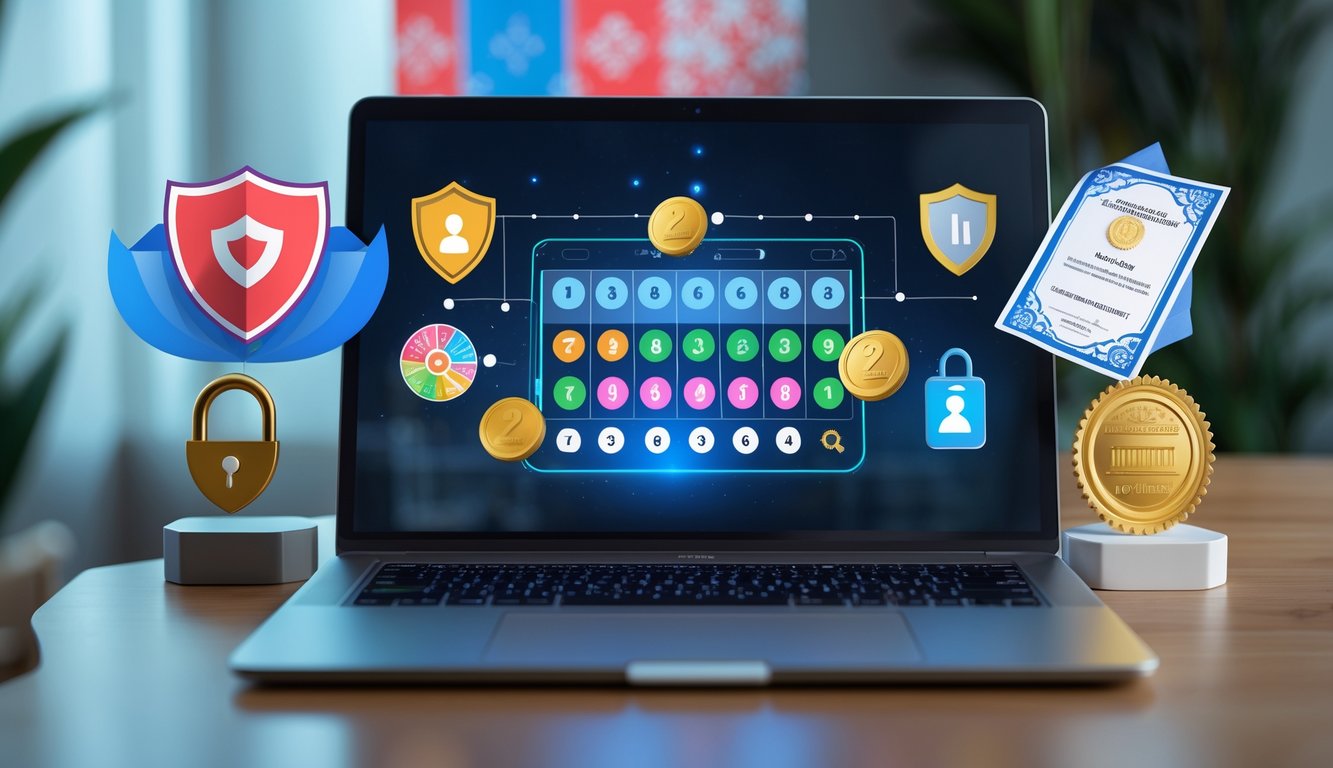 Seorang profesional sedang menggunakan laptop di meja kerja dengan elemen simbol keamanan dan kepercayaan di sekitarnya, menampilkan konsep situs togel online resmi Indonesia tahun 2026.