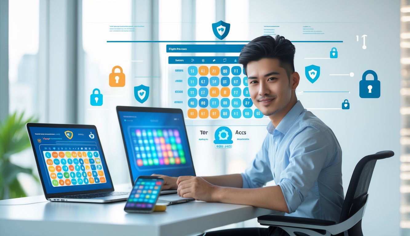 Seorang dewasa muda duduk di meja dengan laptop dan ponsel yang menampilkan angka togel, di ruang kantor yang terang dan modern dengan simbol keamanan digital di latar belakang.