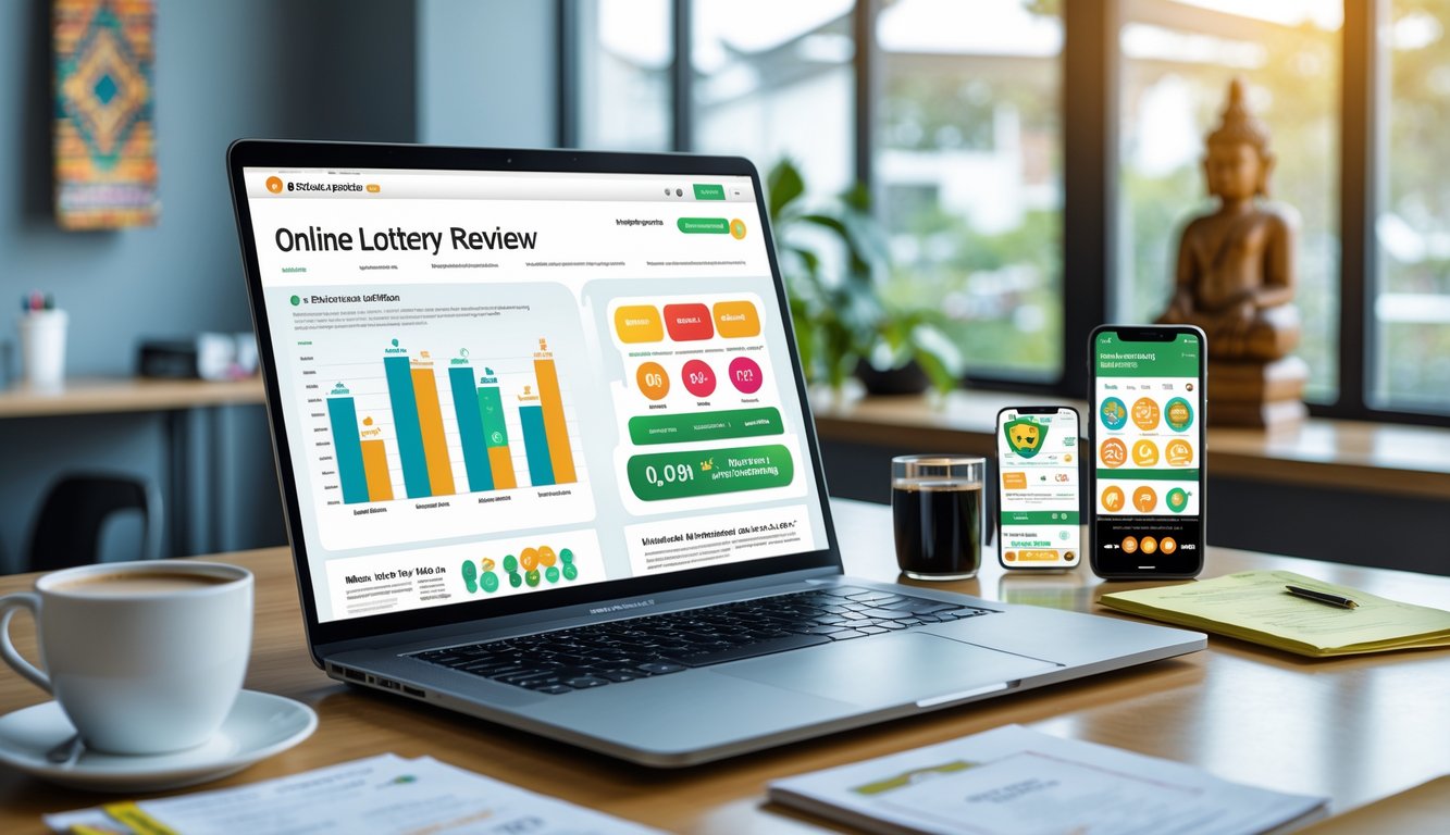 Sebuah ruang kerja modern dengan laptop yang menampilkan situs ulasan togel online, ponsel, catatan, dan secangkir kopi di atas meja, dengan latar belakang kantor terang dan elemen budaya Indonesia.