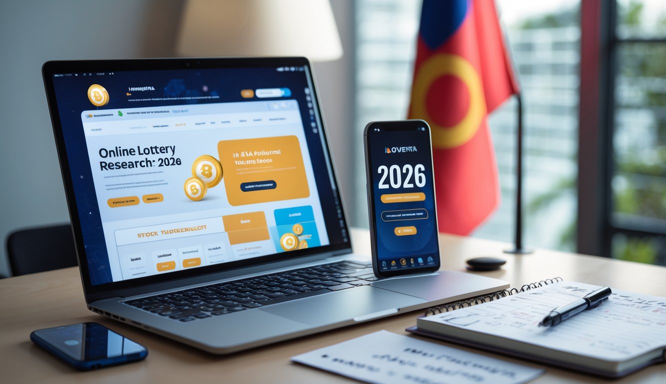 Meja kerja modern dengan laptop, ponsel, dan buku catatan yang menunjukkan aktivitas mencari situs togel online terpercaya di Indonesia tahun 2026.