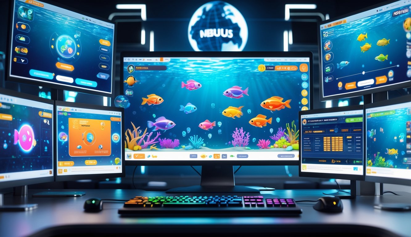 Sebuah setup komputer modern dengan layar menampilkan permainan menembak ikan berwarna-warni di lingkungan digital yang futuristik.