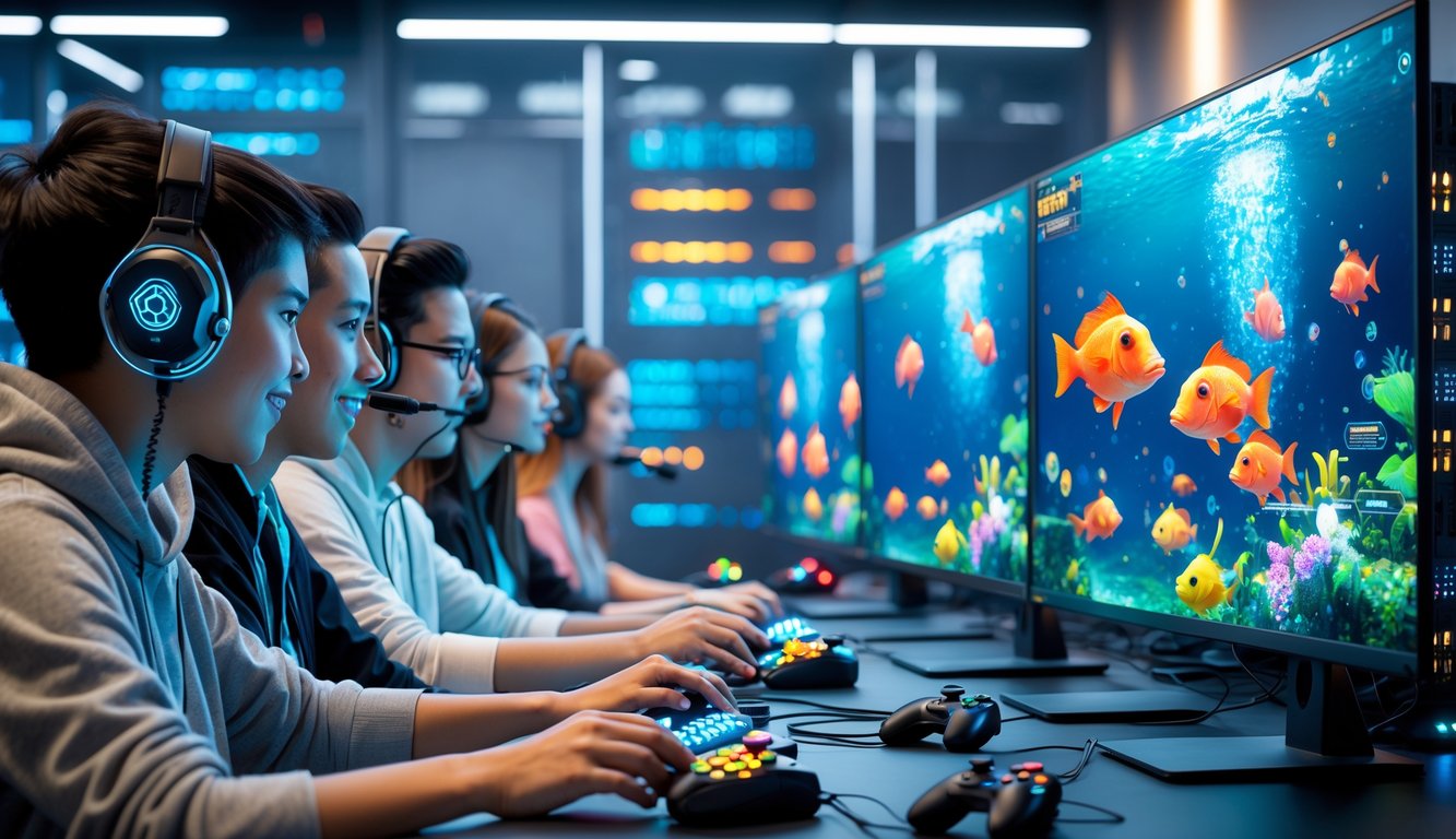 Sejumlah pemain bermain permainan tembak ikan di depan monitor dengan grafik bawah laut berwarna-warni dan latar belakang ruang server modern.