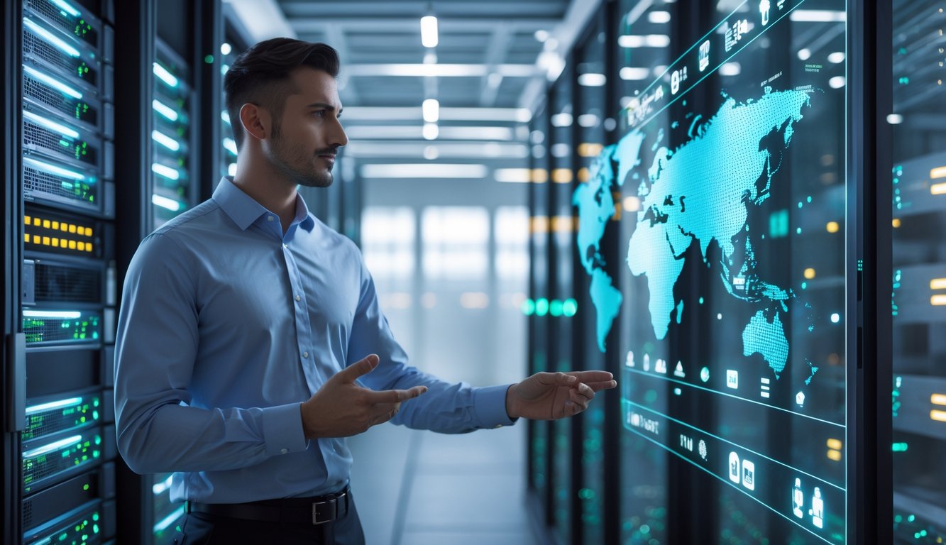 Seorang profesional TI sedang berinteraksi dengan antarmuka digital di depan rak server di pusat data yang modern dan aman.