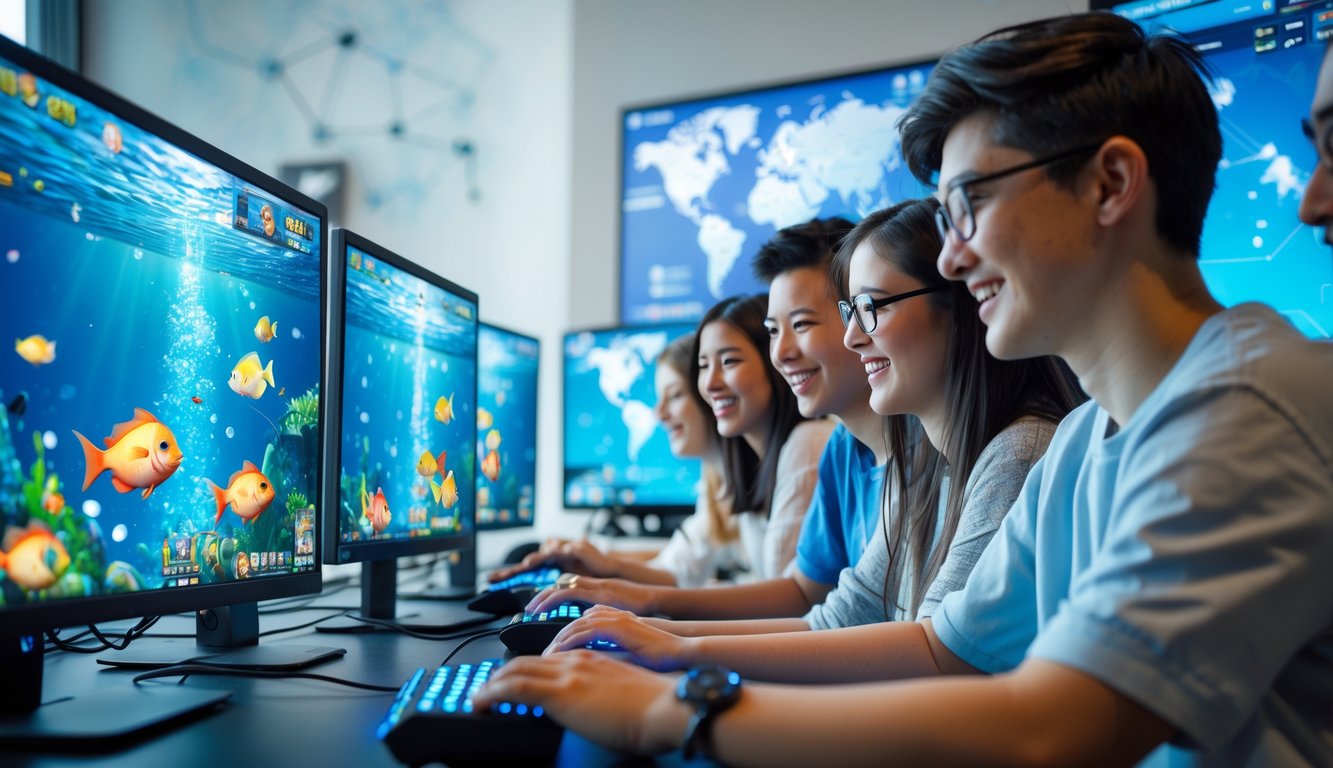 Sekelompok orang muda bermain game tembak ikan online di komputer dengan latar belakang layar yang menampilkan ikan berwarna-warni dan suasana ruangan yang cerah.
