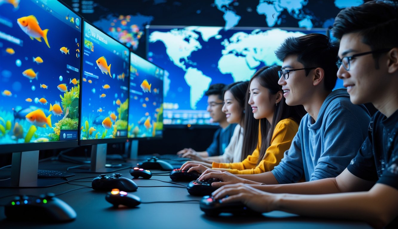 Beberapa orang muda sedang bermain game tembak ikan secara online dengan komputer dan layar penuh warna ikan di bawah laut.