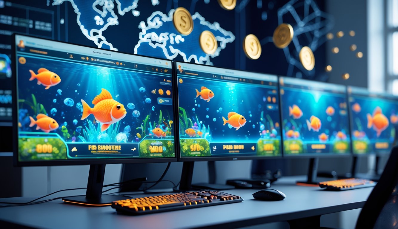 Seorang gamer menggunakan komputer dengan layar menampilkan permainan menembak ikan bertema bawah laut di ruang kerja modern.