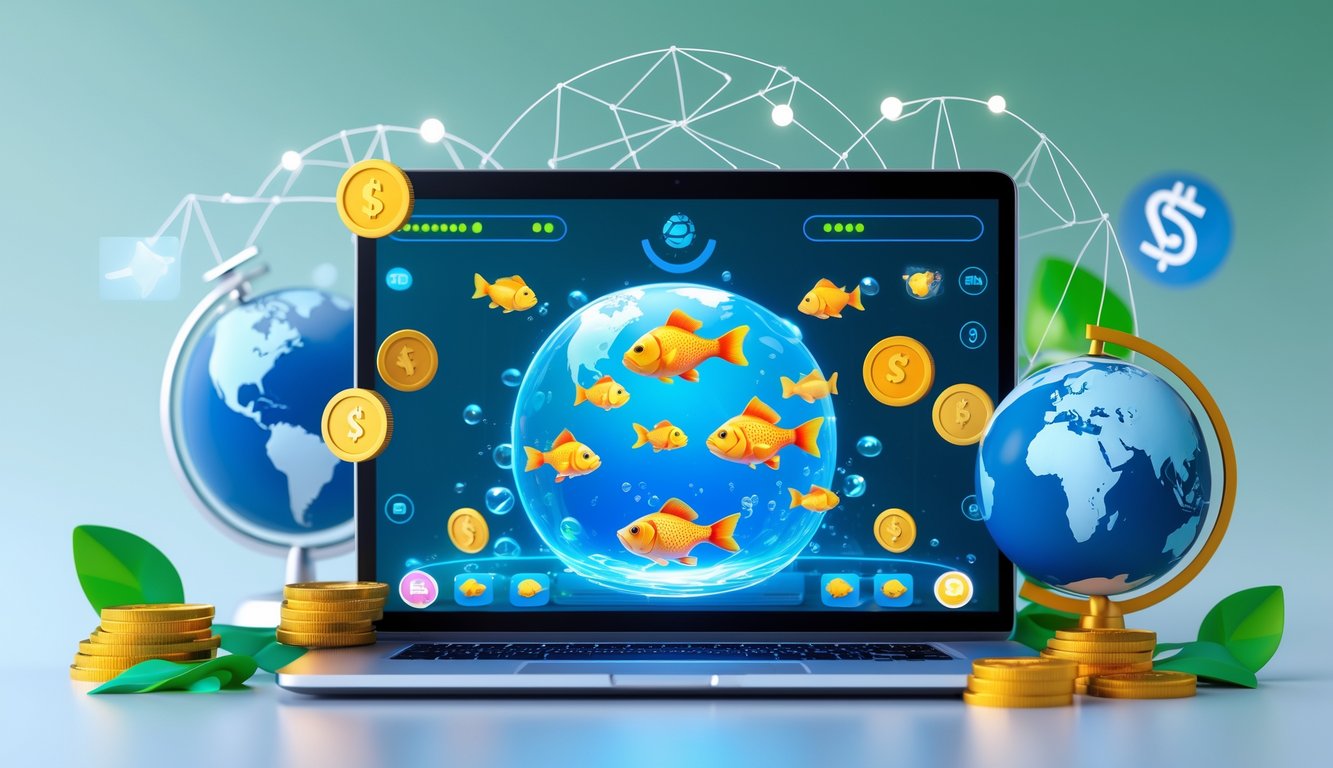 Seorang pengguna bekerja dengan komputer yang menampilkan permainan tembak ikan online dengan ikon bonus dan simbol konektivitas internasional di sekitar layar.