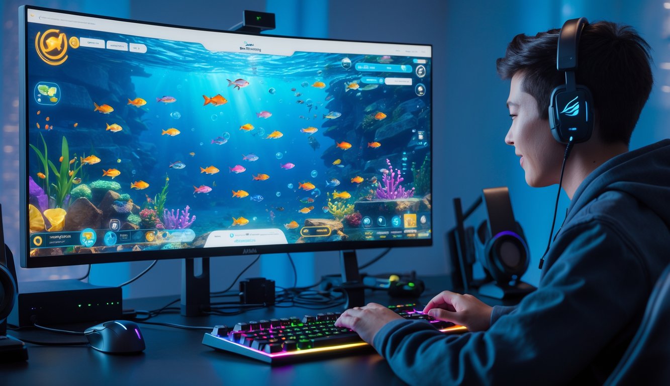 Seorang pemain fokus menggunakan komputer dengan layar menampilkan permainan menembak ikan berwarna-warni di dalam ruangan gaming modern.