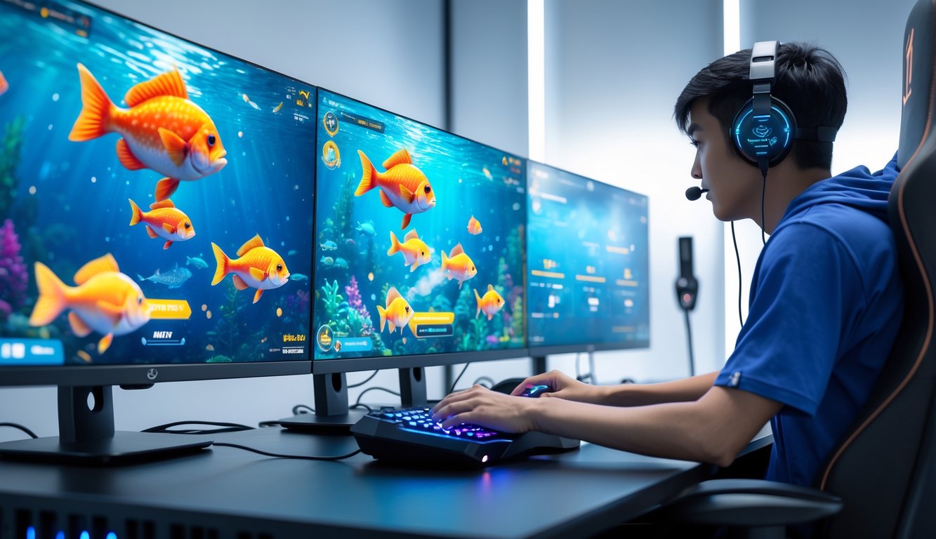 Seorang pemain game sedang bermain game tembak ikan online dengan beberapa monitor menampilkan animasi ikan berwarna-warni di dalam air.