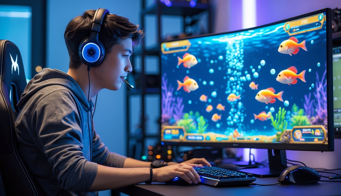 Seorang pria muda sedang bermain game tembak ikan di komputer dengan latar belakang ruangan gaming.