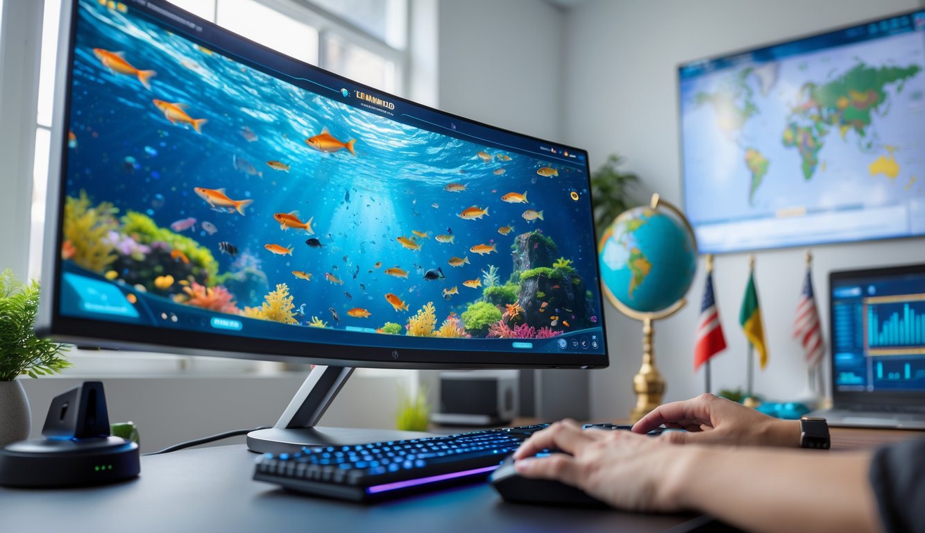Seorang pemain sedang menggunakan komputer dengan layar menampilkan permainan tembak ikan berwarna-warni di lingkungan kantor rumah yang rapi dengan elemen internasional seperti globe dan bendera kecil.