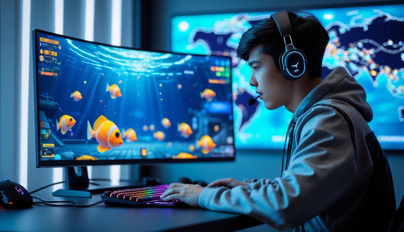 Seorang pria muda sedang bermain game tembak ikan di depan komputer dengan fokus dan lingkungan gaming yang modern.