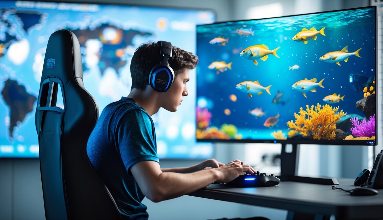 Seorang pria muda sedang bermain game tembak ikan di depan komputer dengan layar penuh warna ikan dan makhluk laut, terlihat fokus dan serius.