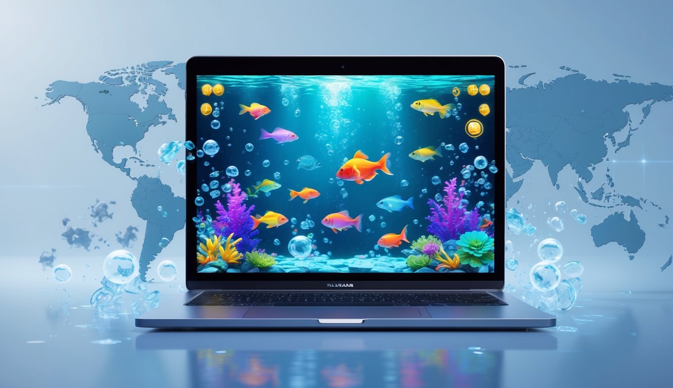 Layar komputer menampilkan permainan tembak ikan dengan ikan berwarna-warni di latar bawah laut dan suasana modern.