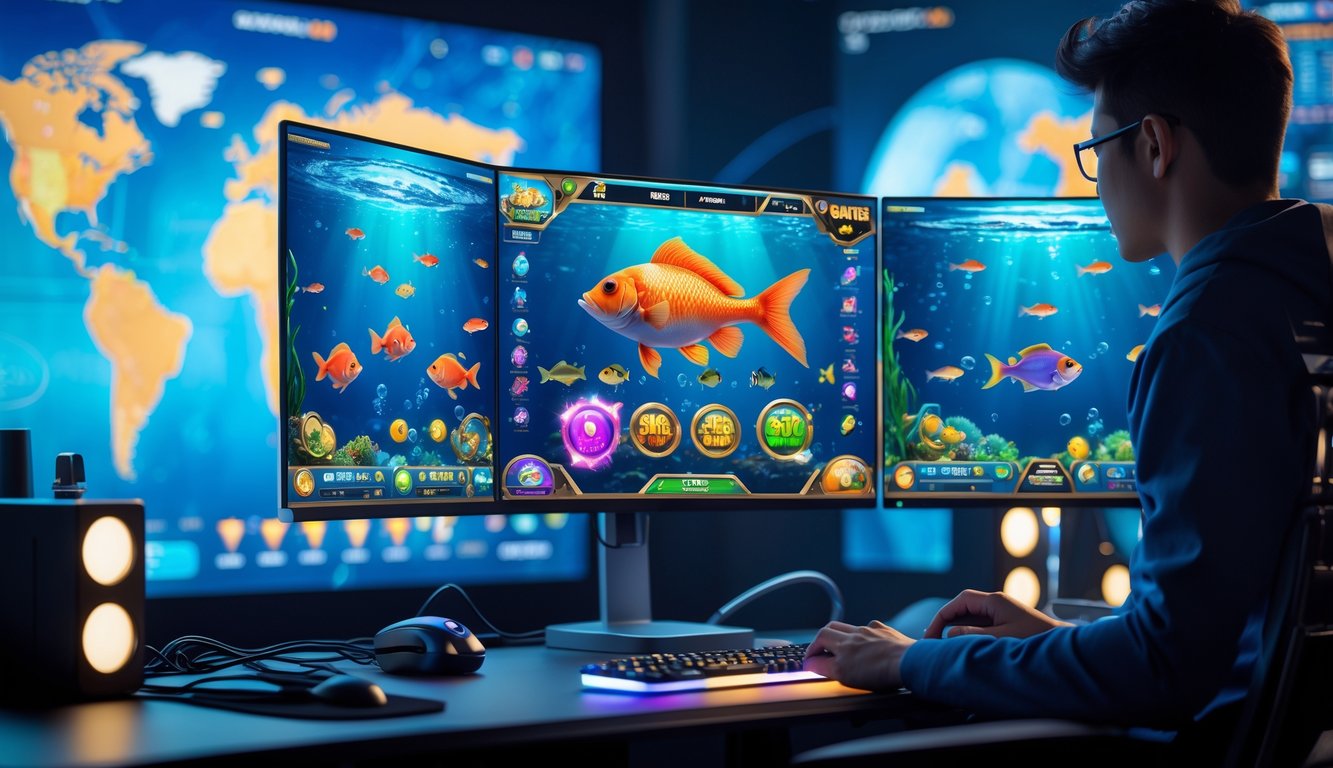 Suasana permainan tembak ikan online dengan layar komputer menampilkan grafik ikan berwarna-warni dan jackpot besar.