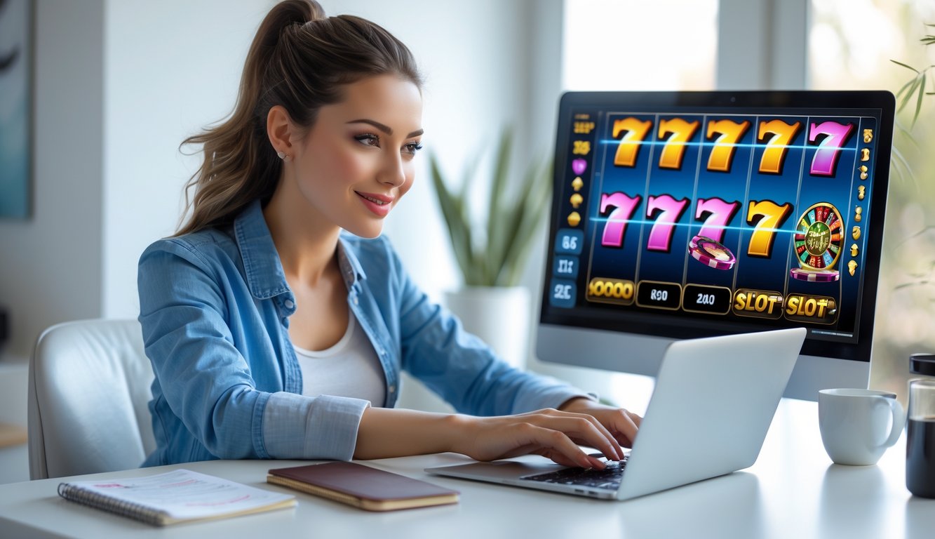 Seorang wanita muda duduk di meja dengan laptop yang menampilkan grafik mesin slot, di ruang kerja rumah yang terang dan rapi.