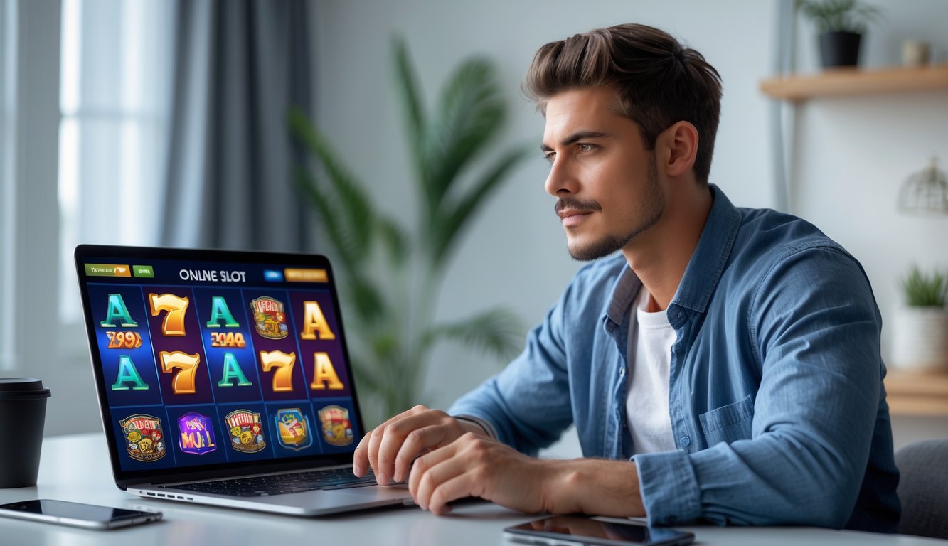 Seorang pria muda duduk di meja dengan laptop yang menampilkan permainan slot online, terlihat fokus dan berpikir sambil bermain.