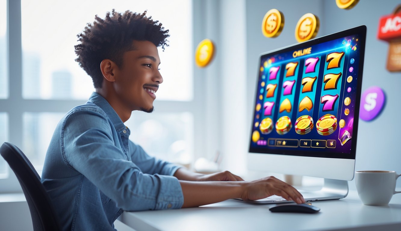Seorang dewasa muda duduk di meja modern dengan laptop yang menampilkan permainan slot online, tampak fokus dan tersenyum dengan latar belakang elemen kasino digital.