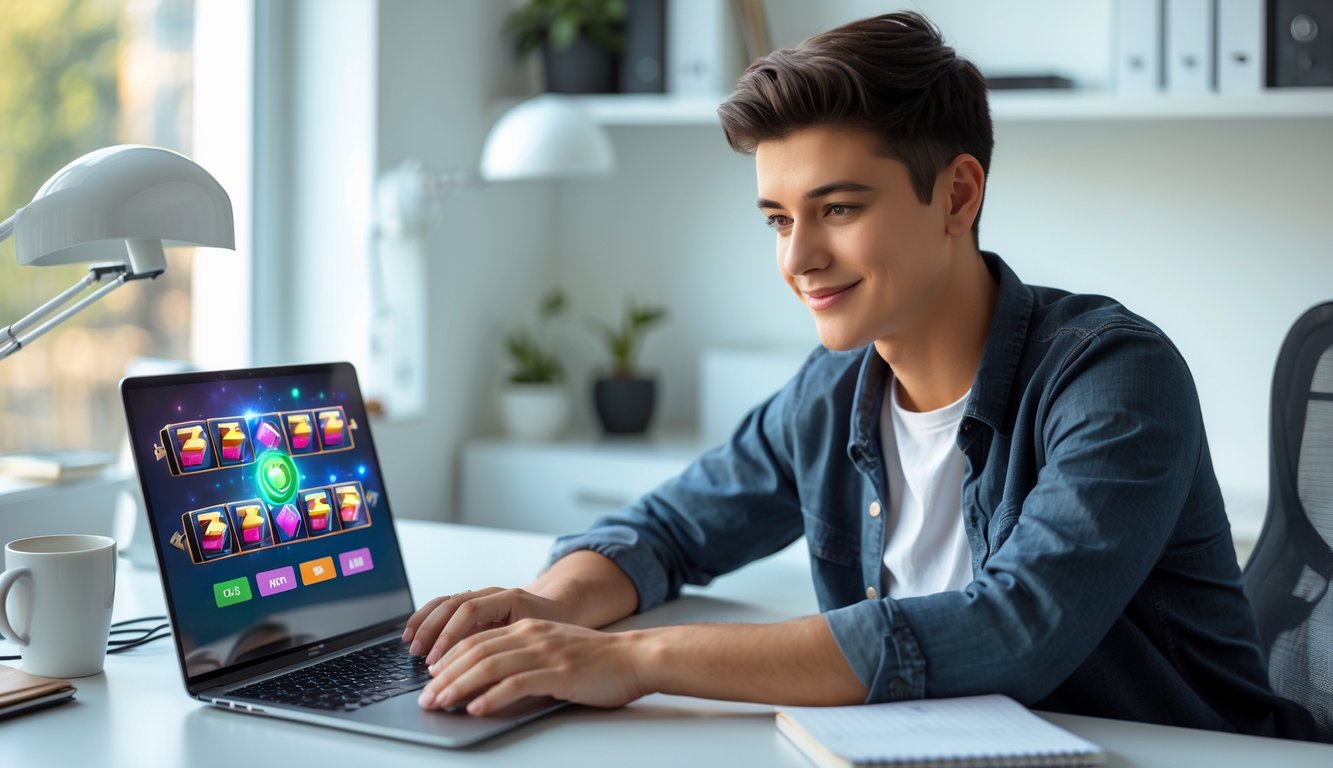 Seorang dewasa muda sedang duduk di meja rumah, fokus bermain permainan slot online di laptop dengan ekspresi percaya diri.