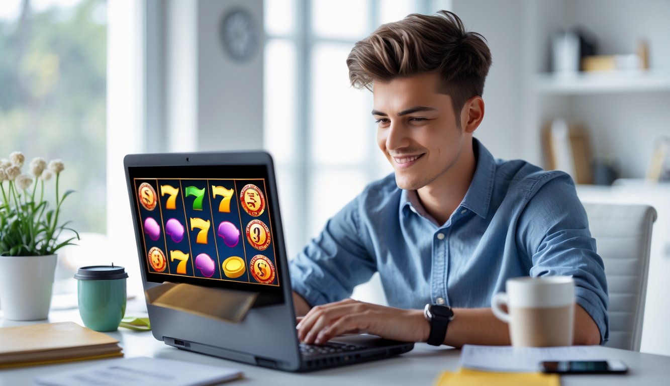 Seorang pria muda duduk di meja dengan laptop yang menampilkan permainan slot online, di sekelilingnya terdapat catatan dan ponsel dalam ruangan yang terang.