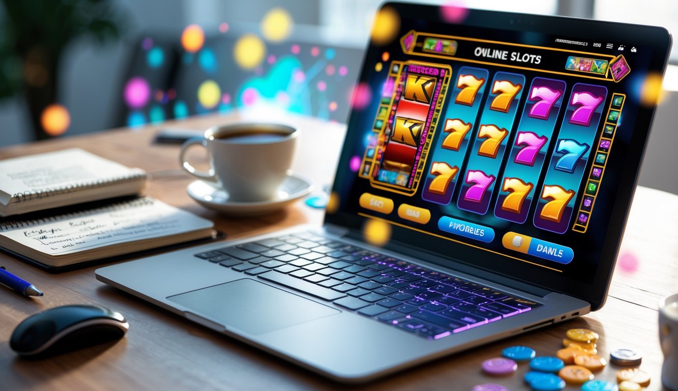 Seorang pria sedang menggunakan laptop dengan permainan slot online di layar di meja kerja yang rapi dengan catatan dan kopi.