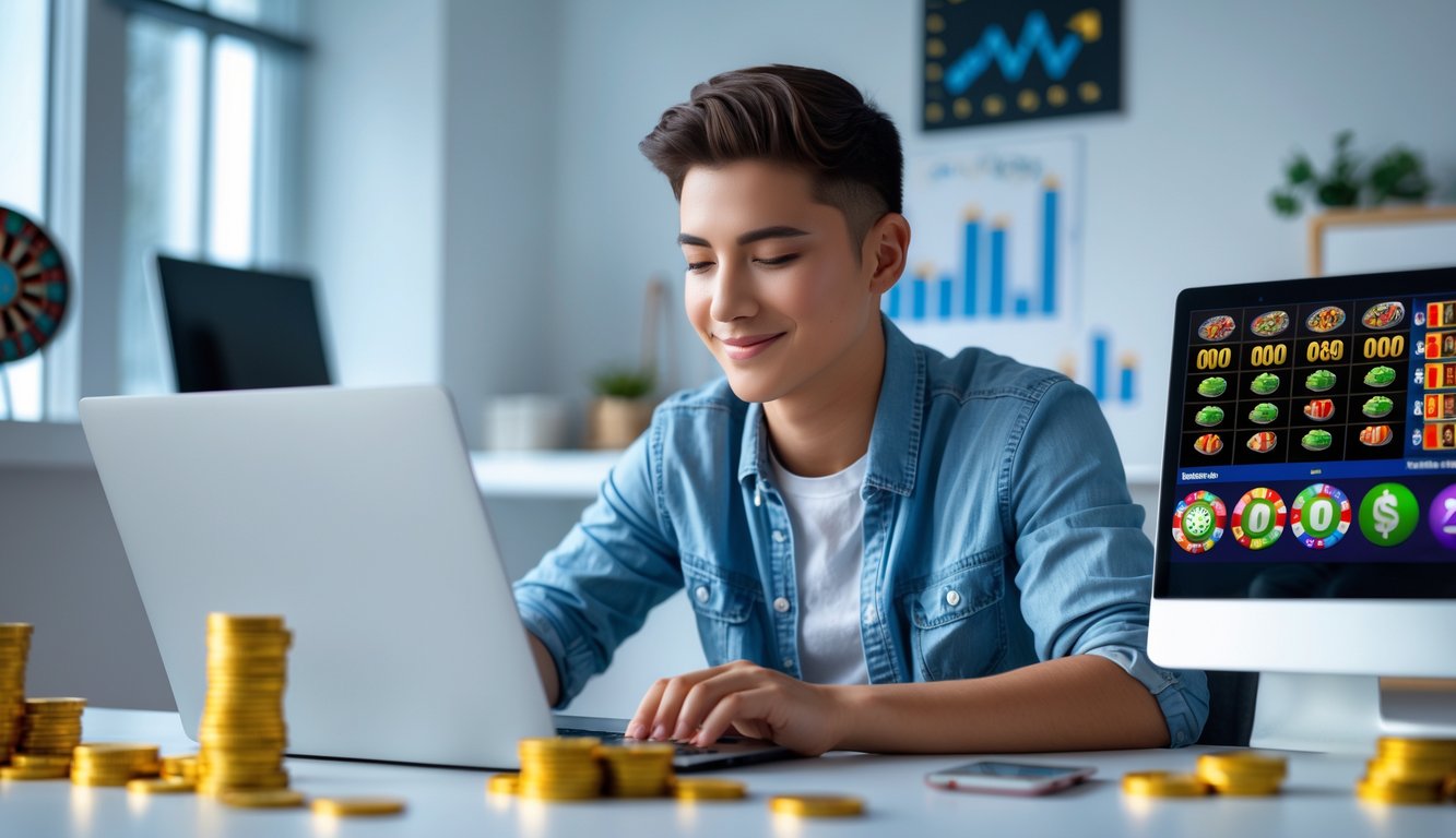 Seorang dewasa muda duduk di meja dengan laptop yang menampilkan permainan slot online, dikelilingi oleh tumpukan koin, uang kertas, dan grafik keuntungan di layar tambahan.