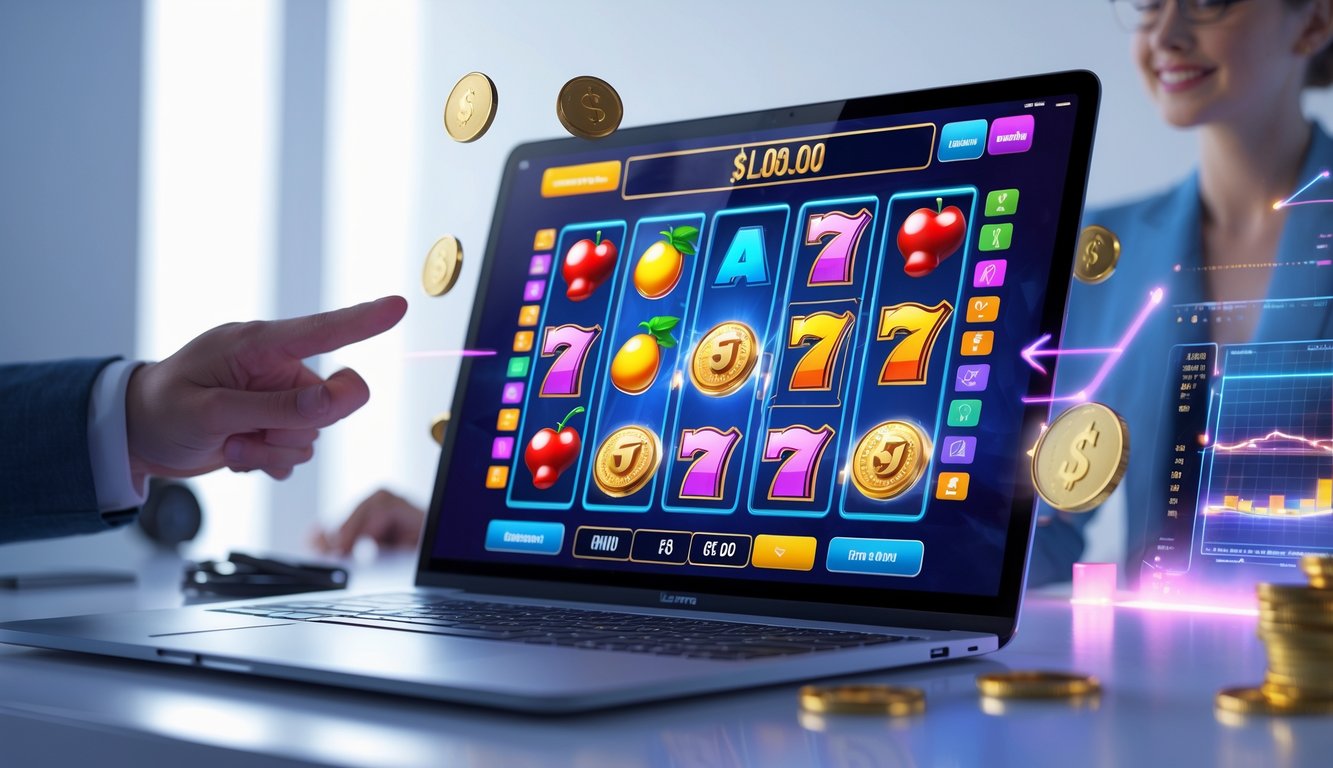 Seorang pria atau wanita sedang bermain permainan slot online di laptop dengan tampilan layar yang penuh warna dan grafik yang menunjukkan kemenangan dan keuntungan.