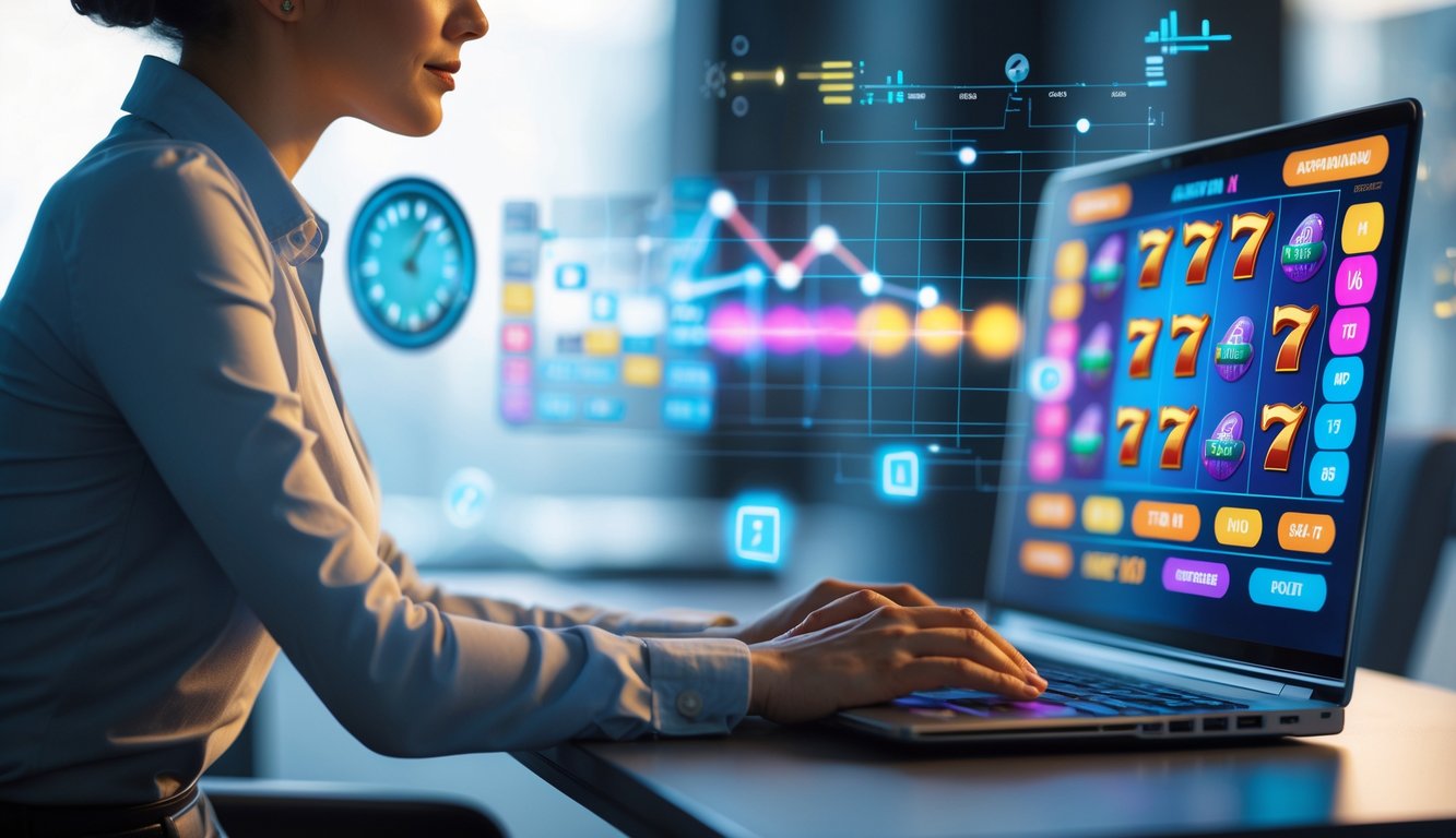 Seseorang duduk di depan laptop yang menampilkan permainan slot online dengan latar belakang ruangan modern dan elemen digital mengambang.