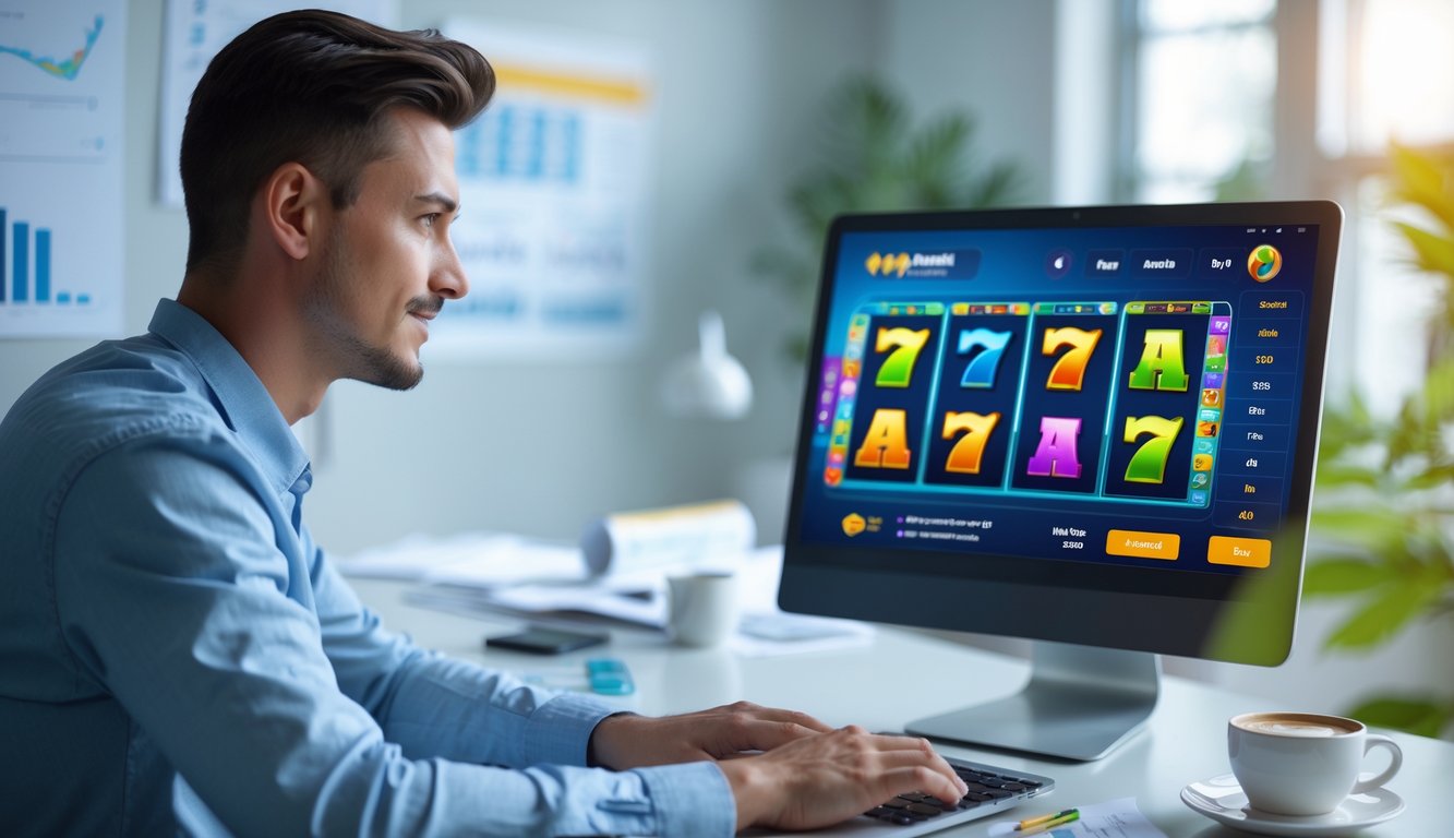 Seorang pria muda duduk di meja dengan laptop, fokus bermain permainan slot online dengan suasana yang cerah dan teratur.