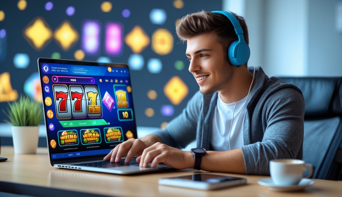 Seorang pria muda duduk di depan laptop dengan tampilan permainan slot online, terlihat fokus dan percaya diri di ruang kerja yang rapi.