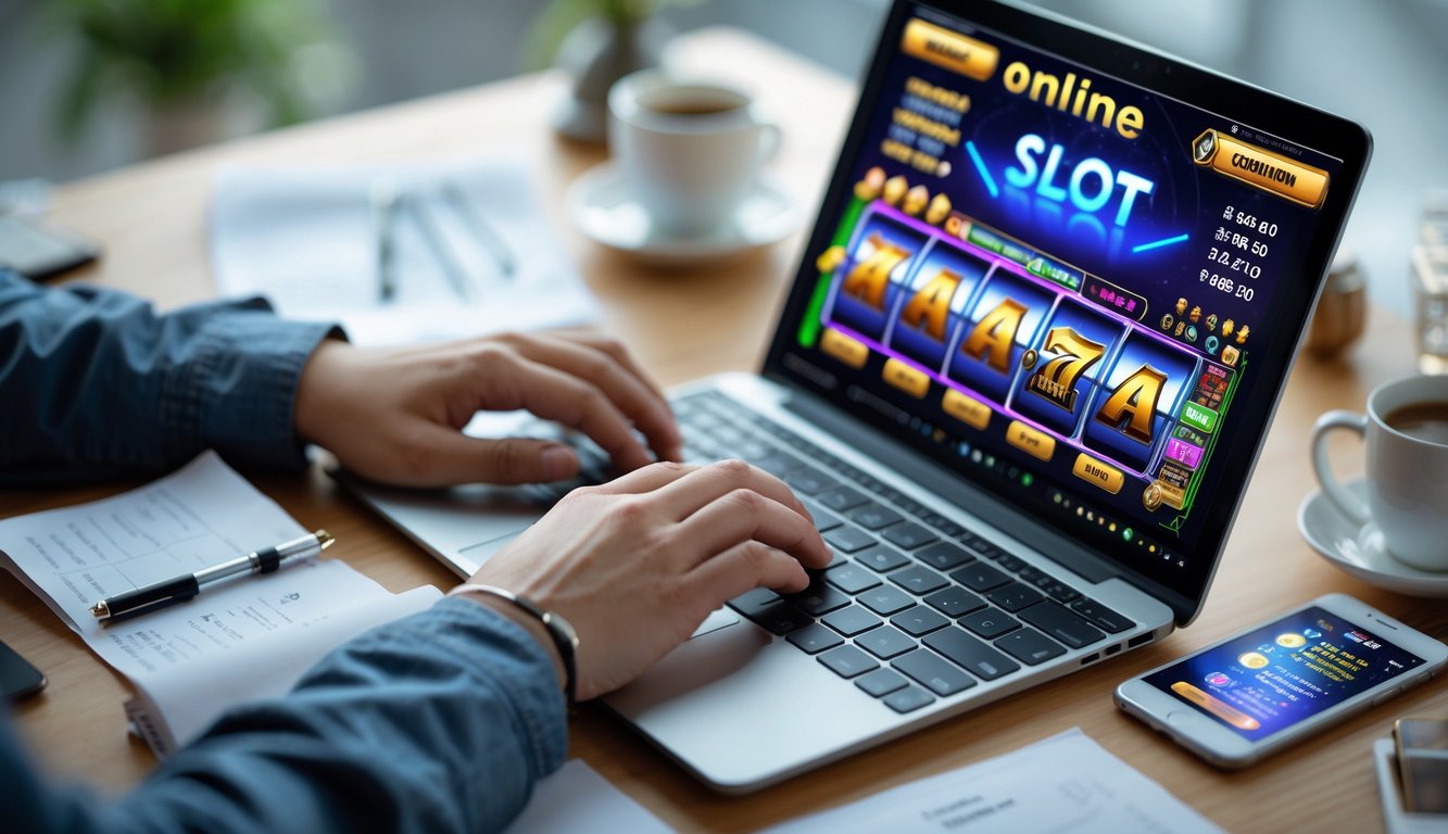 Seseorang bekerja di depan laptop dengan grafik mesin slot dan catatan di meja, suasana fokus dan produktif.