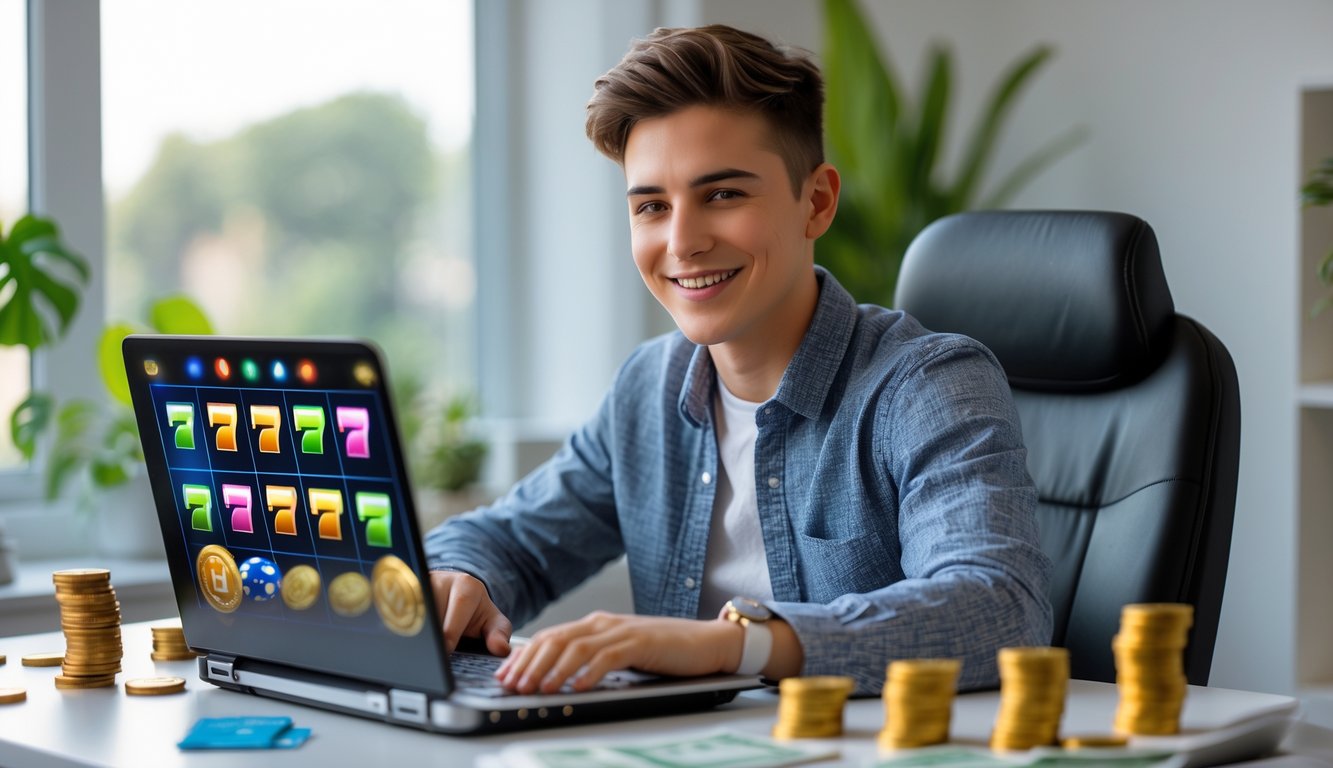 Seorang dewasa muda tersenyum duduk di meja dengan laptop, di sekitar ada tumpukan koin dan uang kertas, menunjukkan suasana bermain slot online dengan modal kecil dan hasil maksimal.
