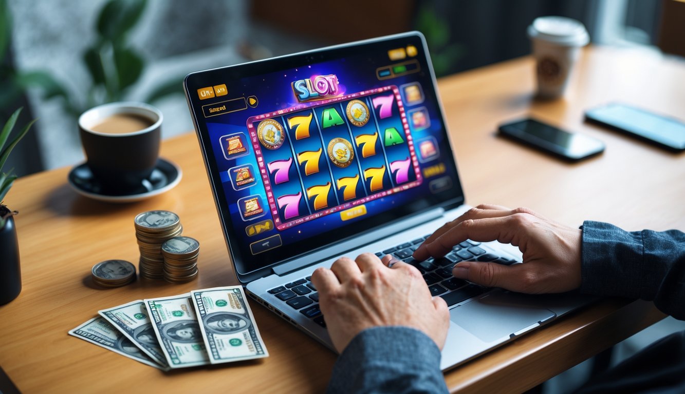 Seseorang bermain permainan slot online di laptop dengan tumpukan koin kecil di meja, menunjukkan kemenangan dengan modal kecil.