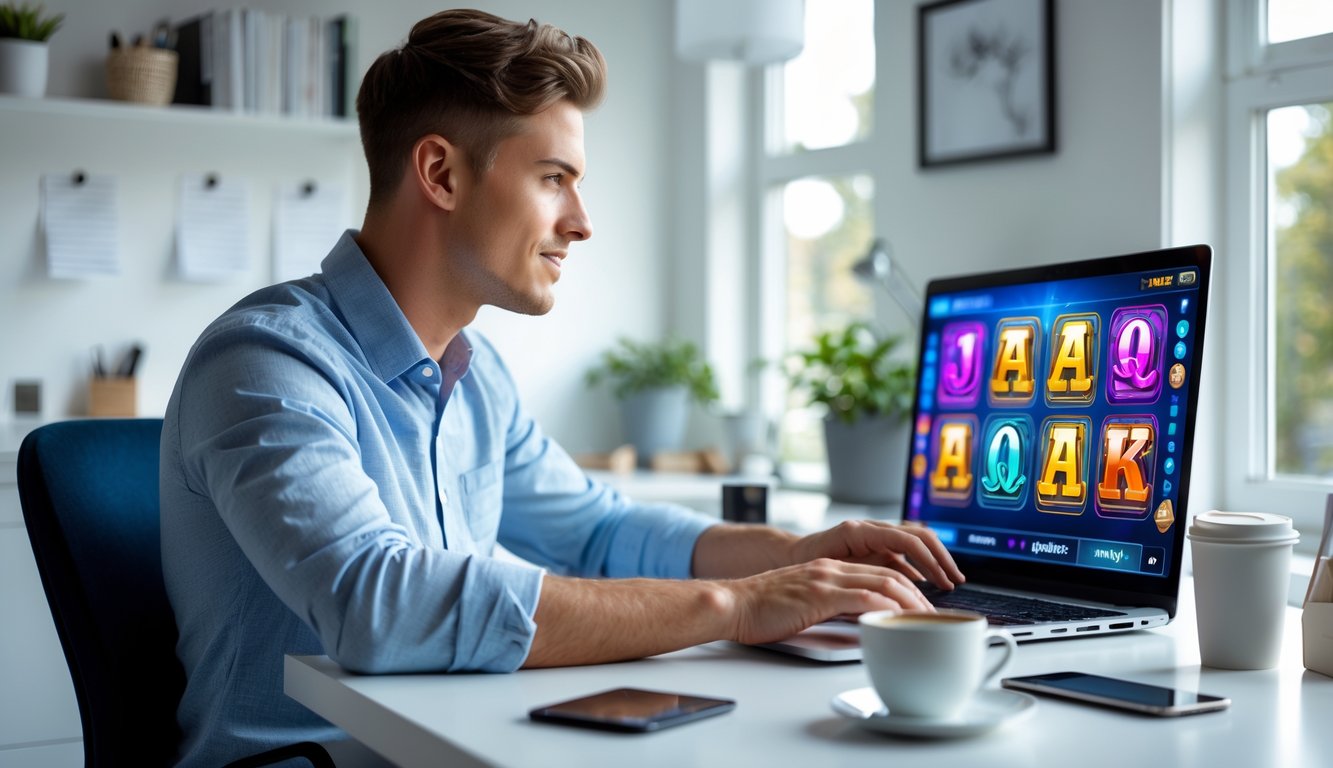 Seorang pria muda duduk di meja dengan laptop yang menampilkan permainan slot online, di ruang kerja rumah yang terang dan rapi.